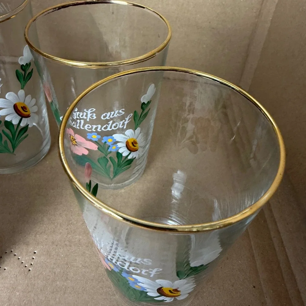 Vintage‎ Handpainted German Ballendorf Floral Glass Tumblers Gold Rim Set of 4